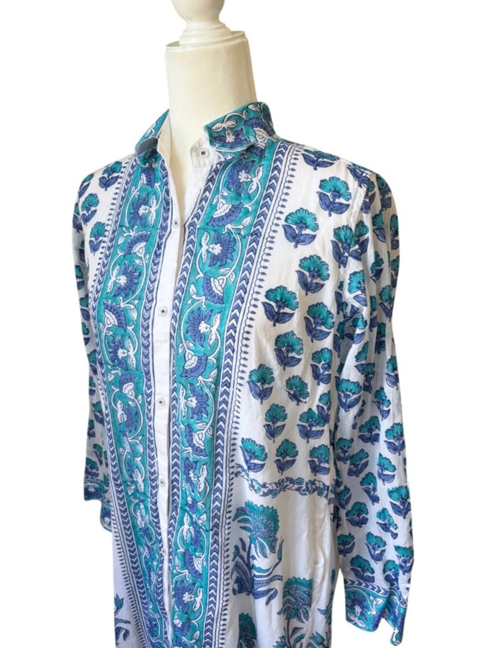 Bella Tu Aster Shirtdress Maxi Blue Floral Cotton Long Sleeve Modest Size Small - Picture 4 of 8